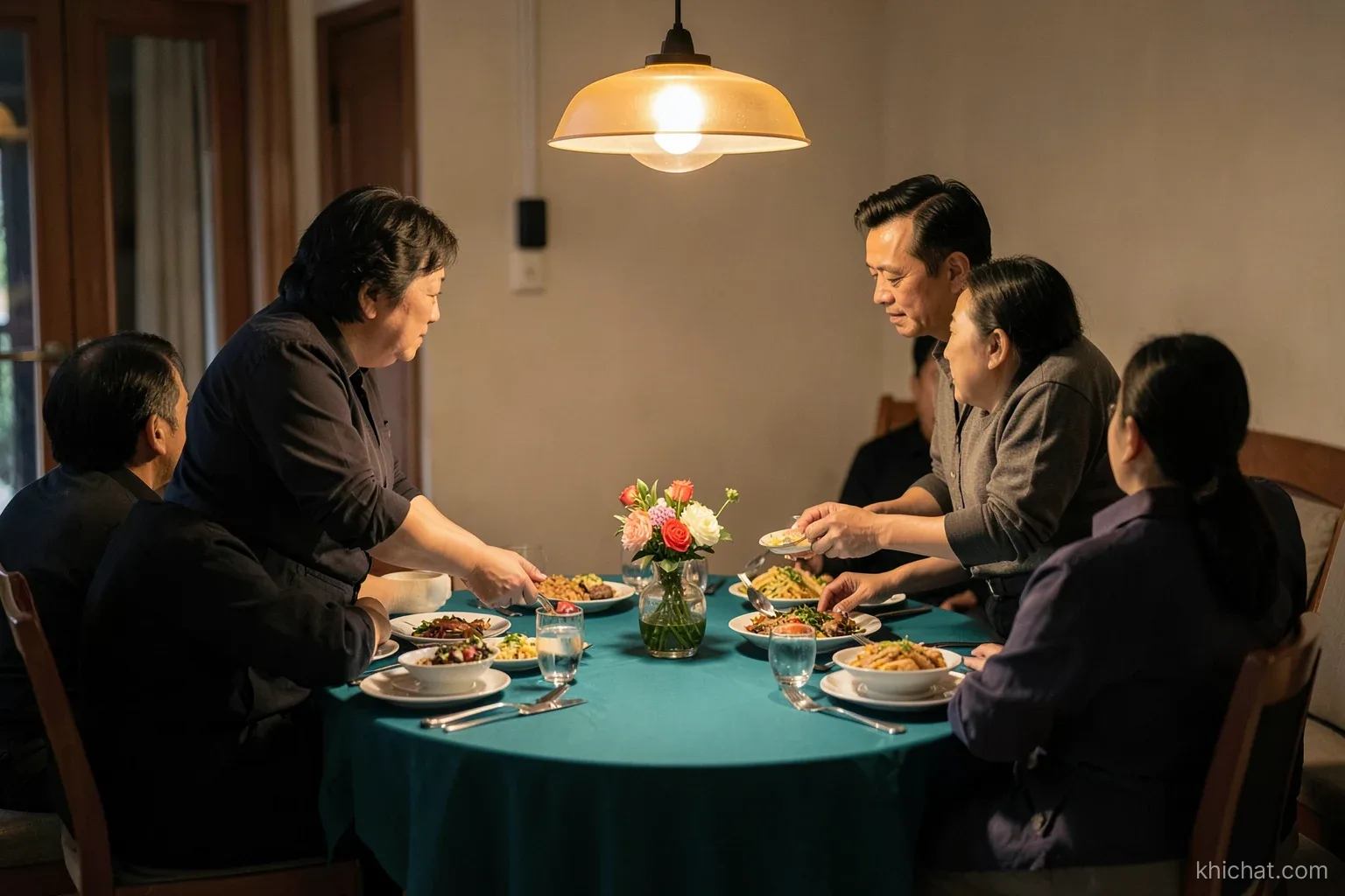 Side view of a round dinner table in a quiet private dining room, two Vietnamese hosts serving food to guests, faces turned away, warm pendant light, teal tablecloth