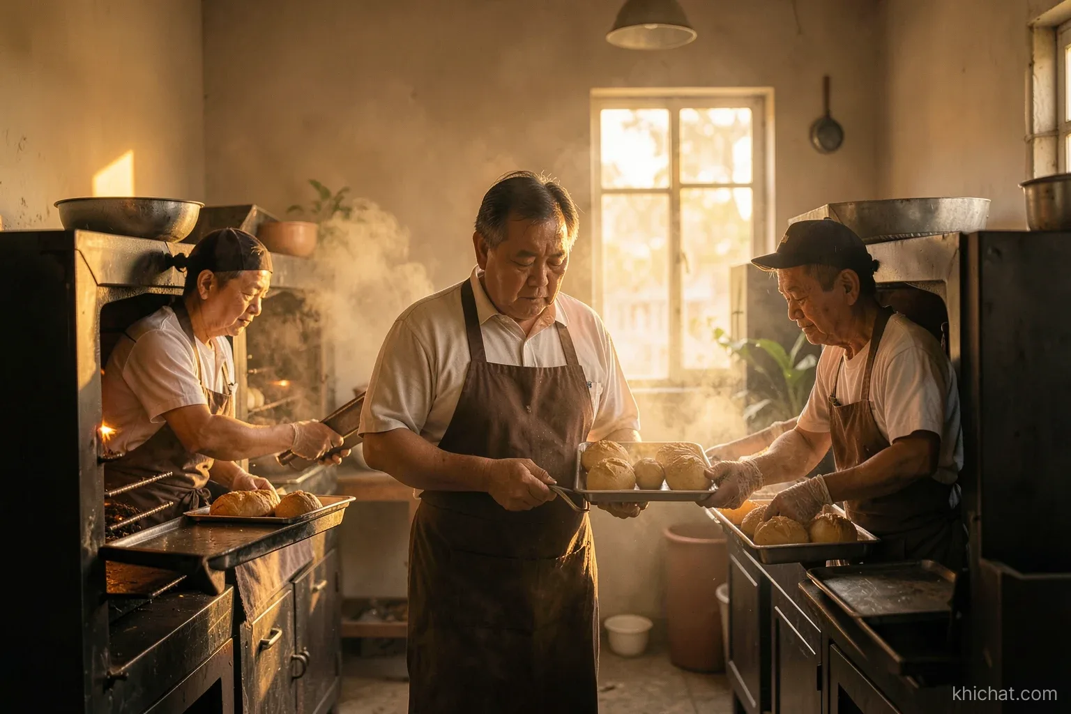 A Vietnamese bakery owner standing between two ovens at dawn, quietly assigning trays to three bakers, steam in the air, warm amber light