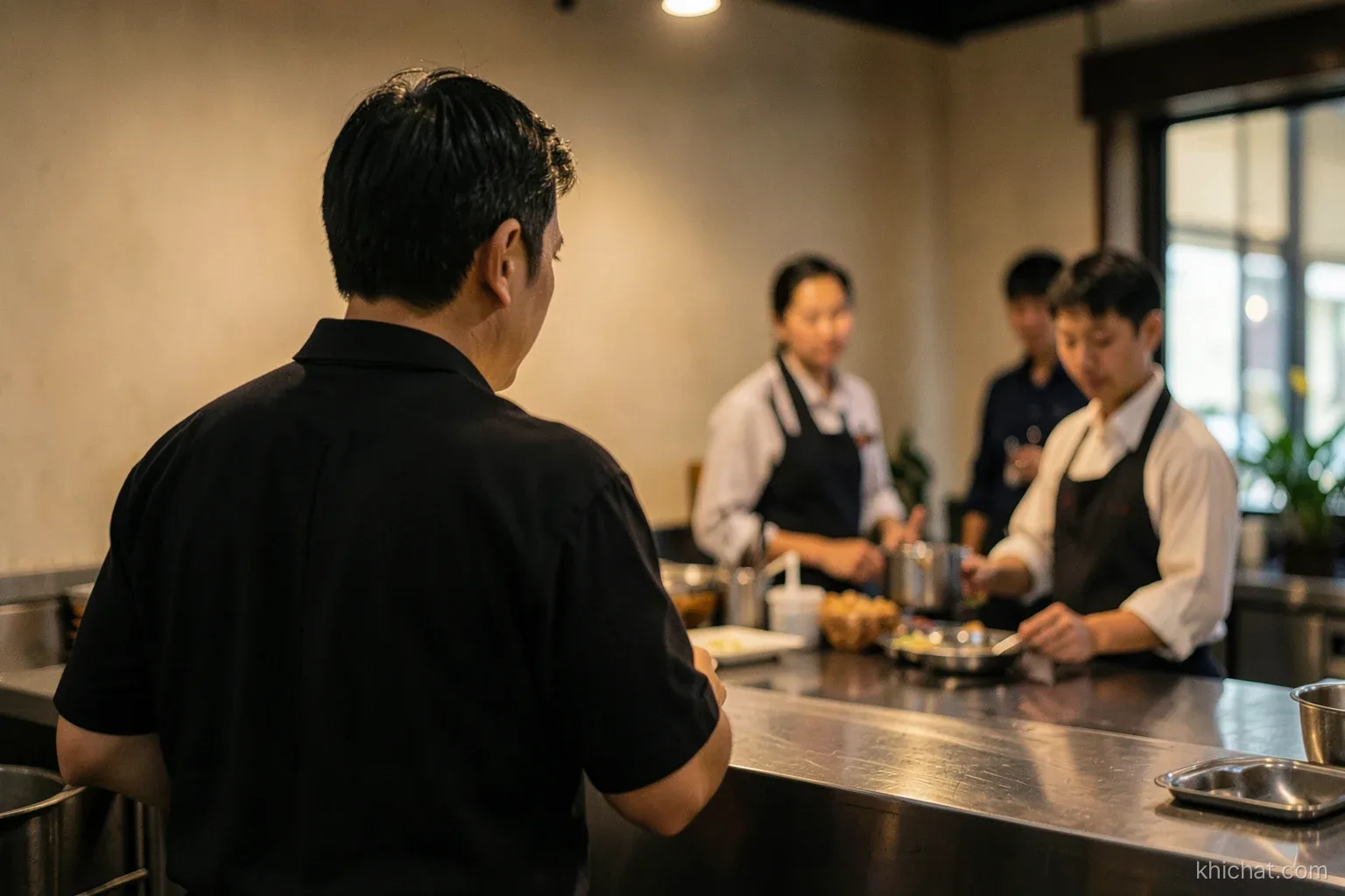 Vietnamese restaurant manager seen from behind, listening to two kitchen staff near a stainless steel counter before service, warm tungsten light, shallow depth of field