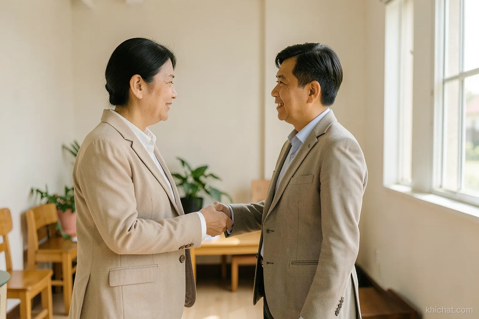 A Vietnamese center director in a light blazer greeting parents at the entrance of a small language school, seen from the side, bright morning