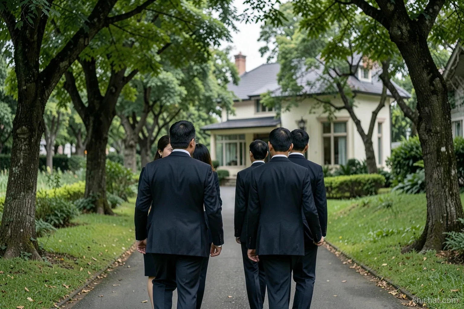 A small group of Vietnamese office colleagues in dark formal clothes walking together along a tree-lined lane toward a quiet house, seen from behind, overcast soft light