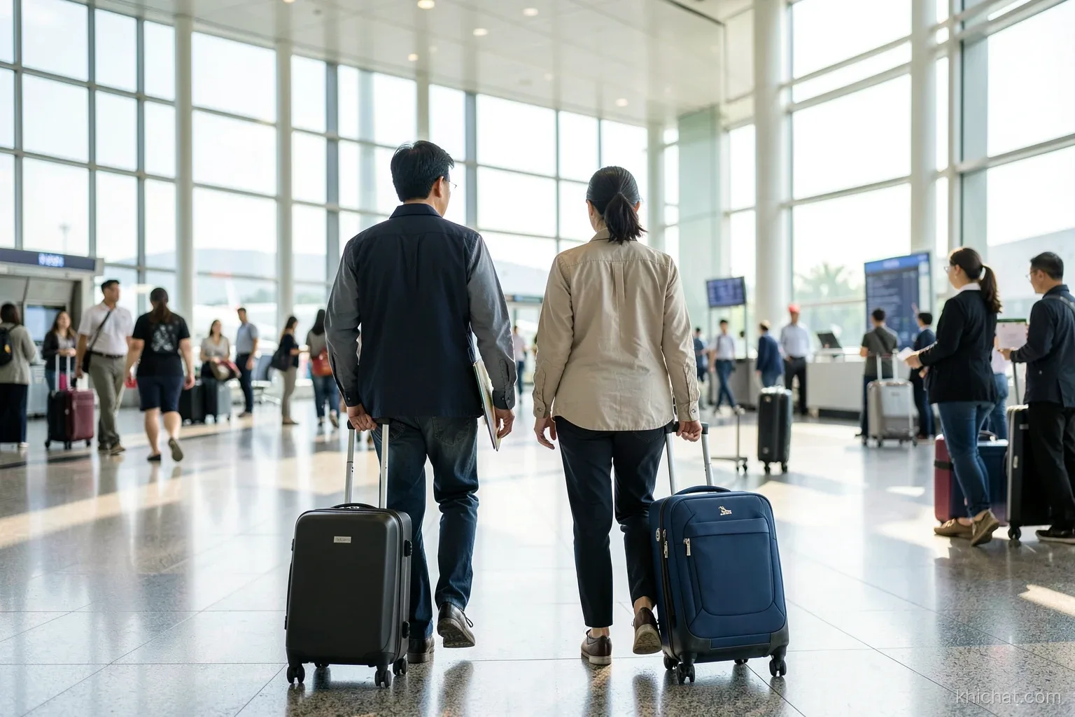 Two Vietnamese colleagues walking through a bright airport terminal with carry-on suitcases, seen from behind, one slightly ahead holding a folder, morning light through tall windows