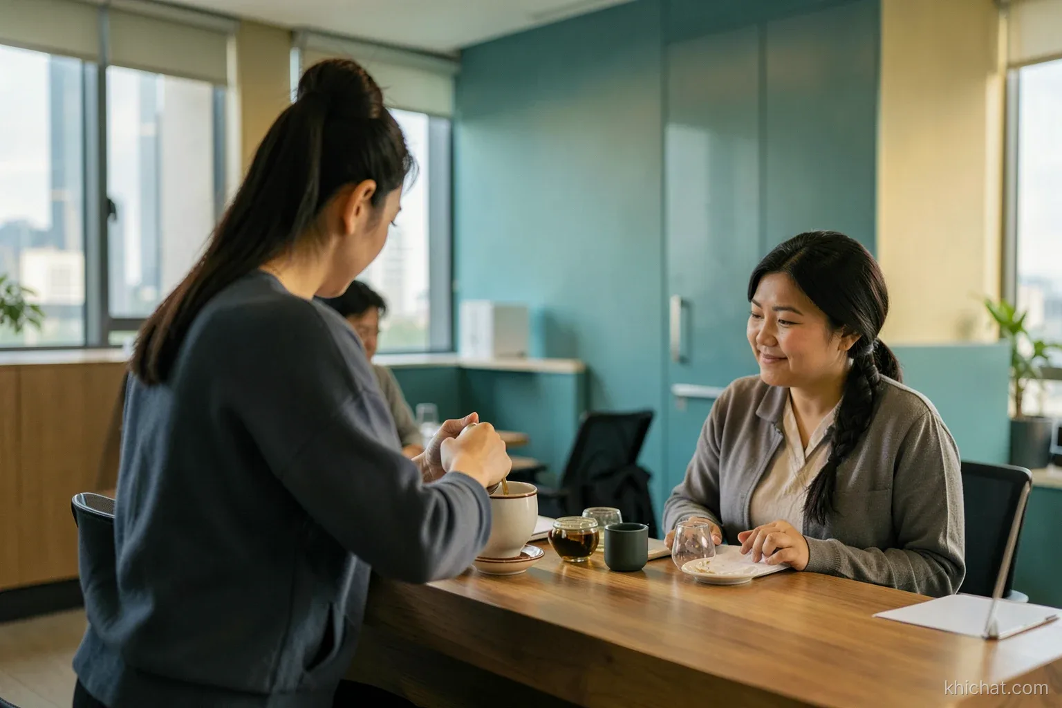 Wide view of a quiet office reception area at morning, a young Vietnamese employee seen from behind pouring tea for two seated visitors, soft daylight, teal and gold tones
