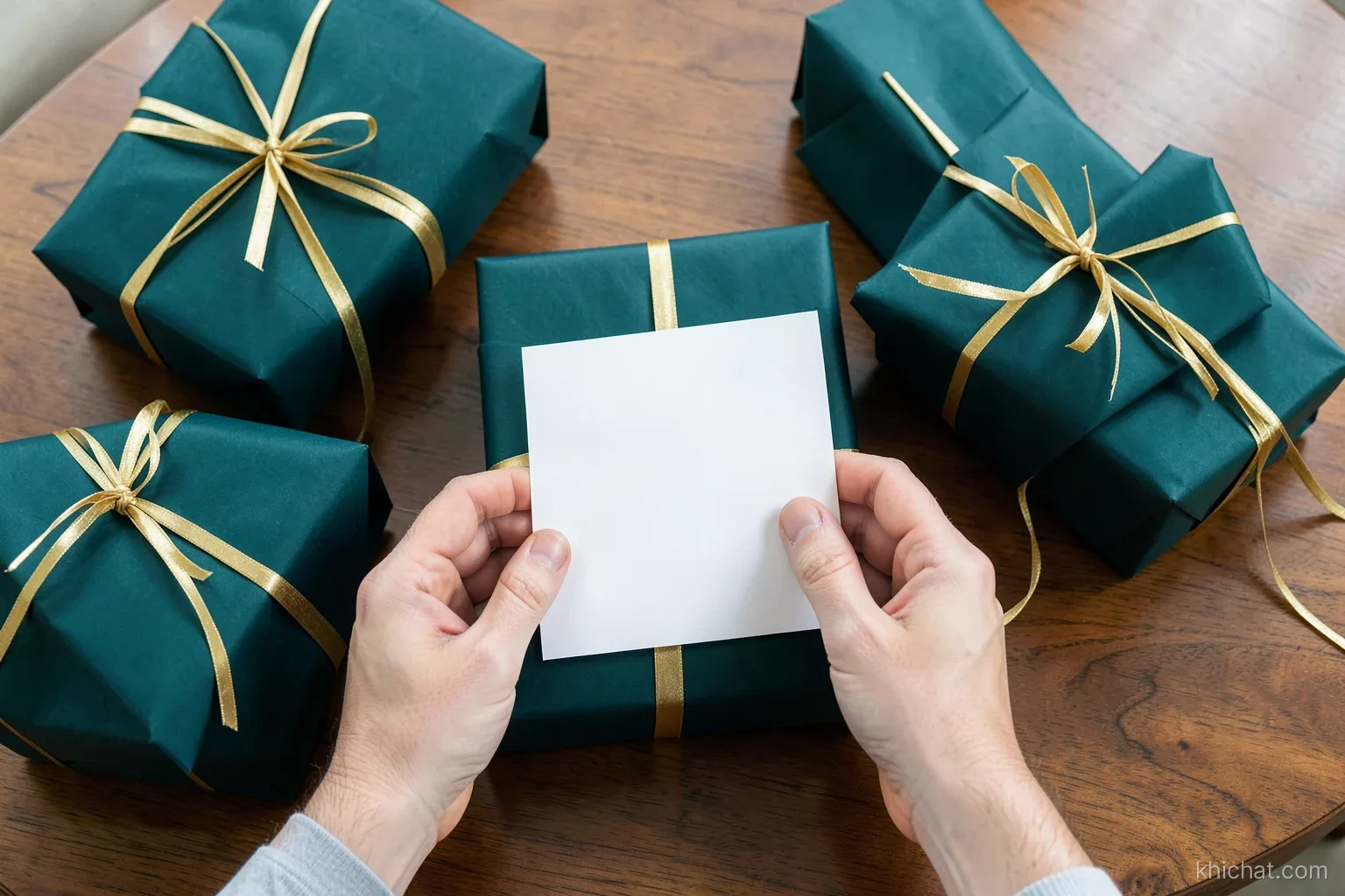 Overhead view of neatly wrapped gift boxes in deep teal paper with gold ribbon on a conference table, a pair of hands placing a blank greeting card on top, soft daylight