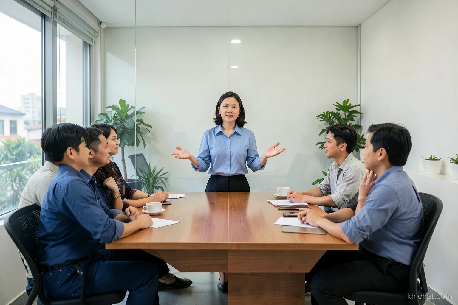 Wide shot of a small Vietnamese sales team in a glass-walled room, a woman leader standing at the table head, gesturing calmly