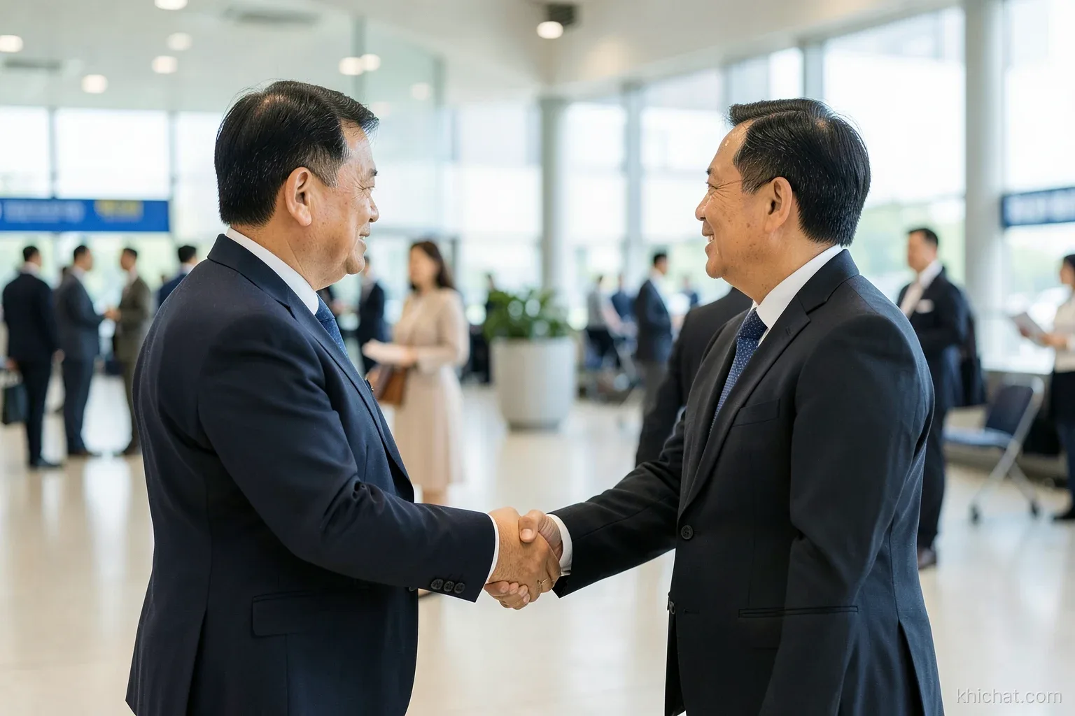 Two Vietnamese hosts greeting foreign business visitors in an airport arrival hall, gentle bows and handshakes, faces turned away from camera, bright diffused light
