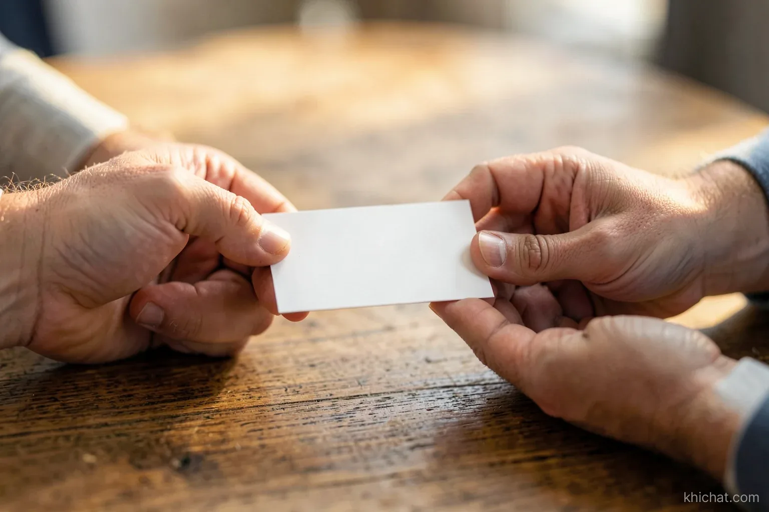 Close-up of two pairs of hands exchanging a blank white business card across a wooden table, both using two hands, shallow depth of field, warm side light